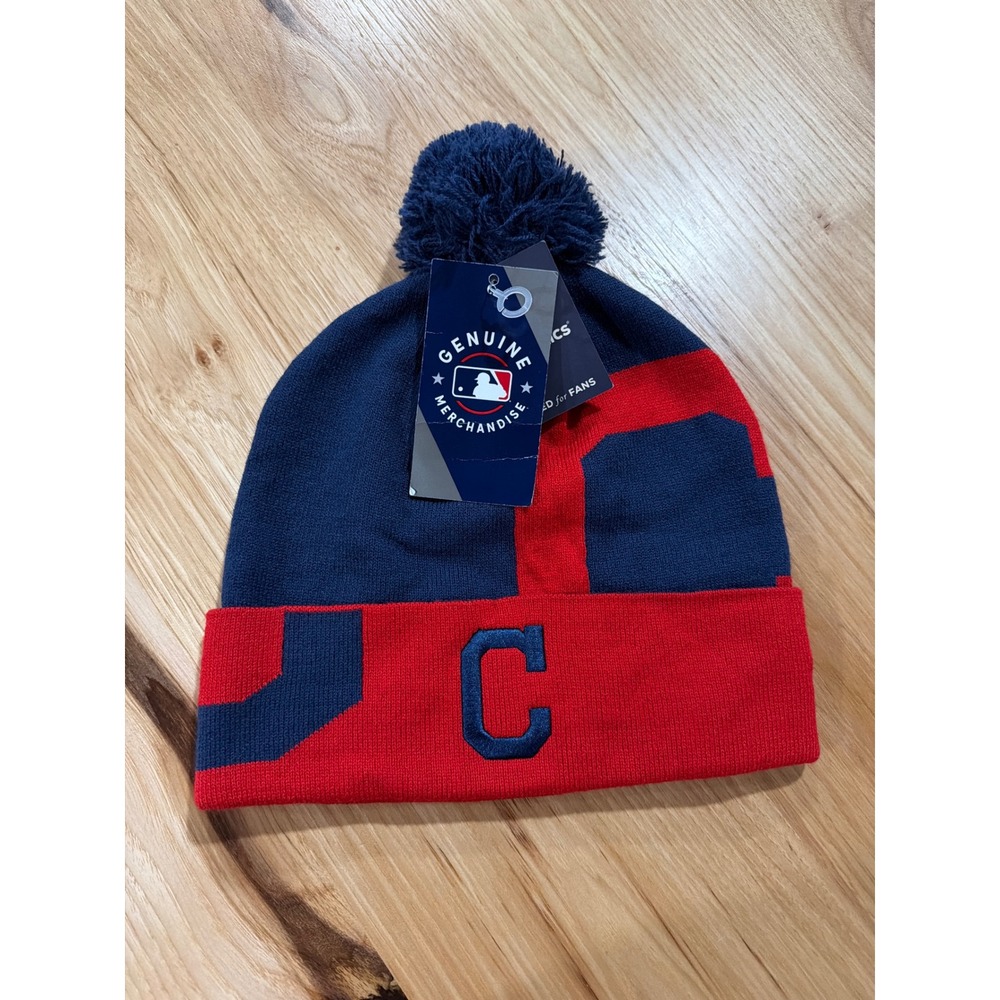 Fanatics MLB Cleveland Indians Block Party Cuffed Knit Pom Beanie Hat Navy Red